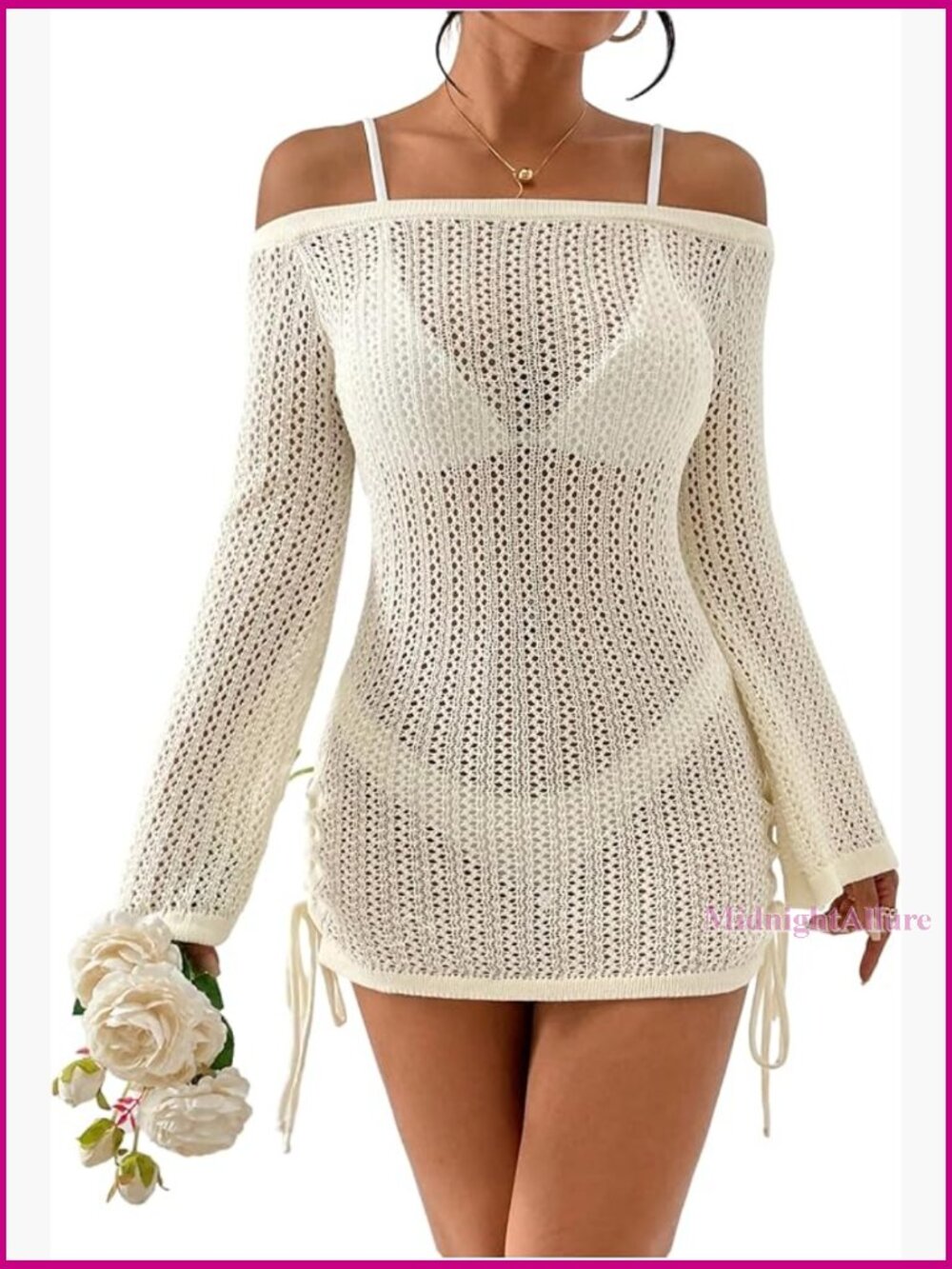Off Shoulder Crochet Cover Up Dress Drawstring Bathing Suit Beachwear